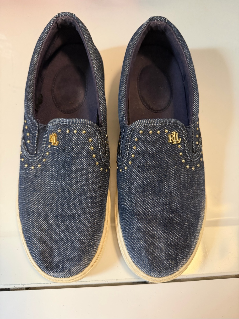 Ralph Lauren Denim Slip-On Sneakers with Gold Studs